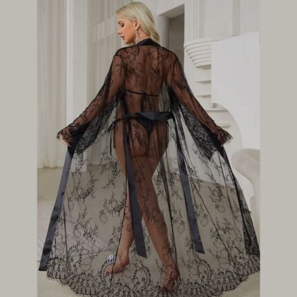 Black lace nighty back view with sheer floral lace and long sleeves
