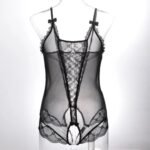 Black sheer mesh bodysuit on a transparent mannequin, with a central floral lace panel, slim straps and small bow accents