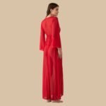 Maroon lace long nighty dress for women with sheer long sleeves back view