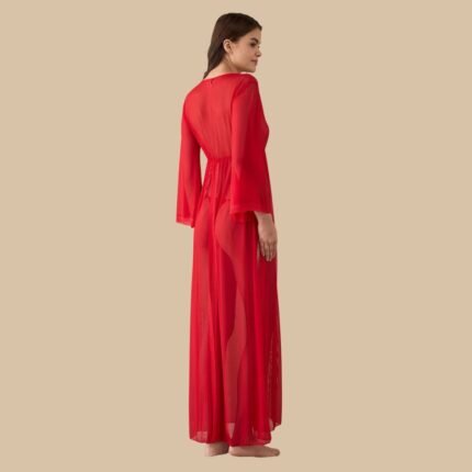 Maroon lace long nighty dress for women with sheer long sleeves back view