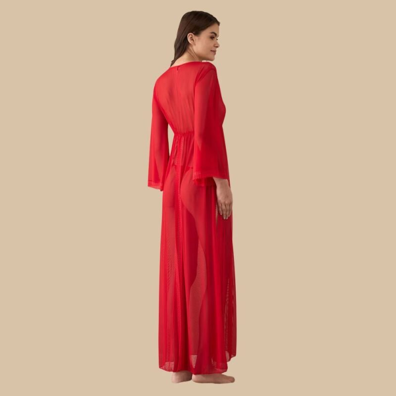 Maroon lace long nighty dress for women with sheer long sleeves back view