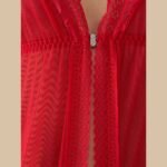 Maroon lace long nighty dress for women with crystal brooch and scalloped lace trim close up view
