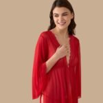 Maroon lace long nighty dress for women with sheer bell sleeves front model view