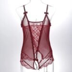 Maroon mesh bodysuit on a clear mannequin, showing a tapered floral lace front panel, shoulder bows and scalloped leg trim