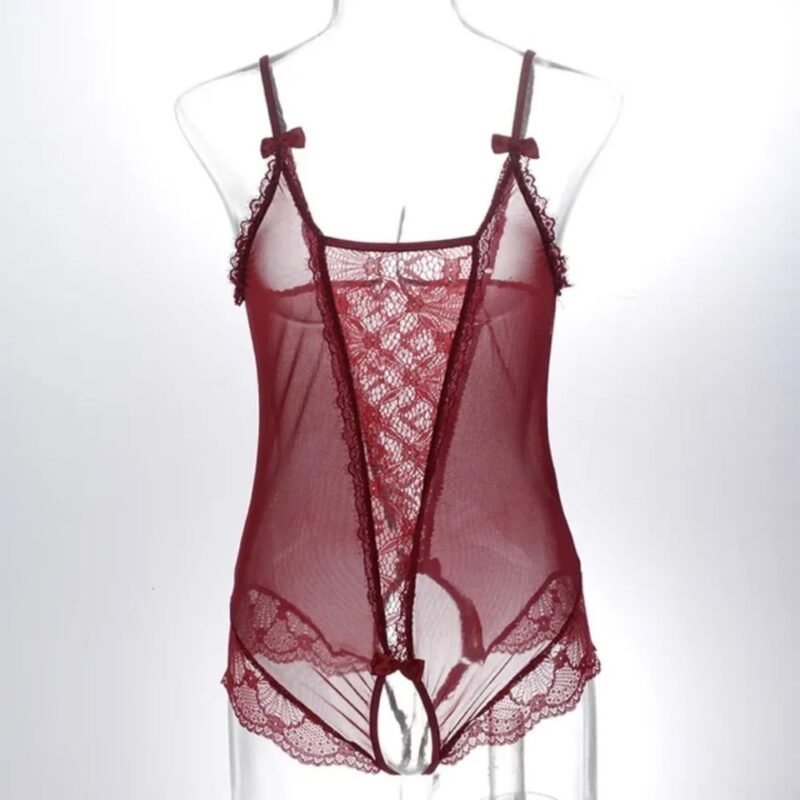 Maroon mesh bodysuit on a clear mannequin, showing a tapered floral lace front panel, shoulder bows and scalloped leg trim