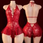 Maroon floral lace bodysuit shown from the front and back on mannequins, with a halter tie and sheer hip ruffles