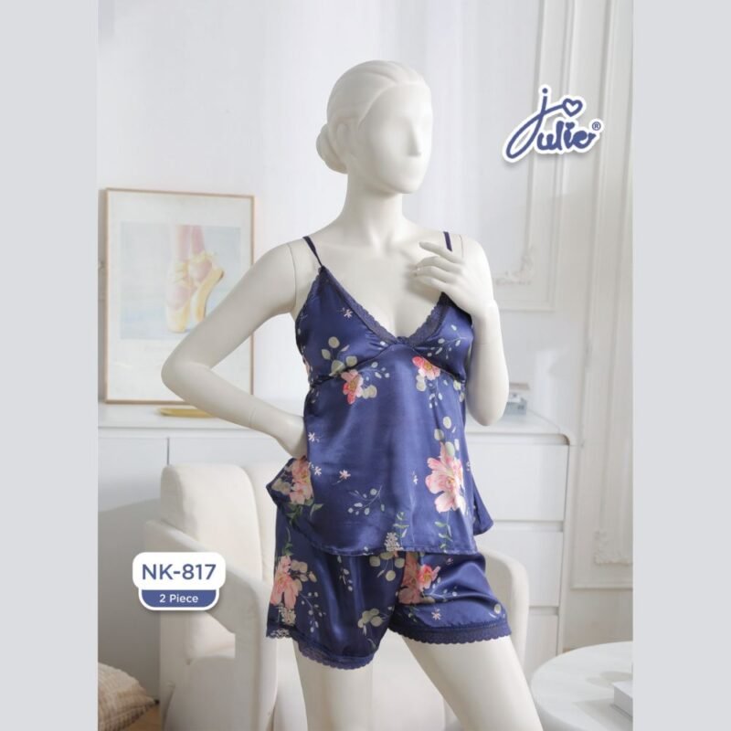 Navy blue floral cami and shorts set with lace trim displayed on mannequin