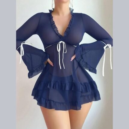 Navy blue sexy dress for women with sheer mesh and long bell sleeves