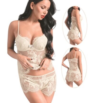 Alt text: Off-white lace cami shorts set with padded cups, front and back views