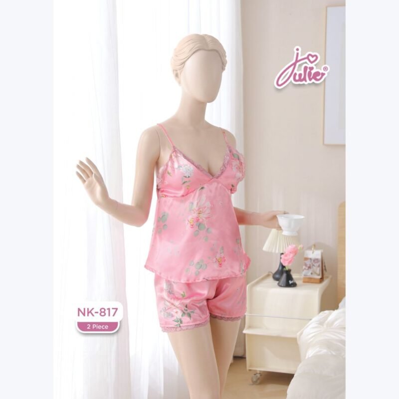 Pink floral cami and shorts set with lace detailing displayed on mannequin