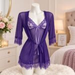 Purple 3 piece lingerie set for women in Pakistan with sheer robe, lace babydoll and matching panty