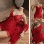 Red 3 piece lingerie set with sheer lace robe and matching babydoll inner shown on mannequin