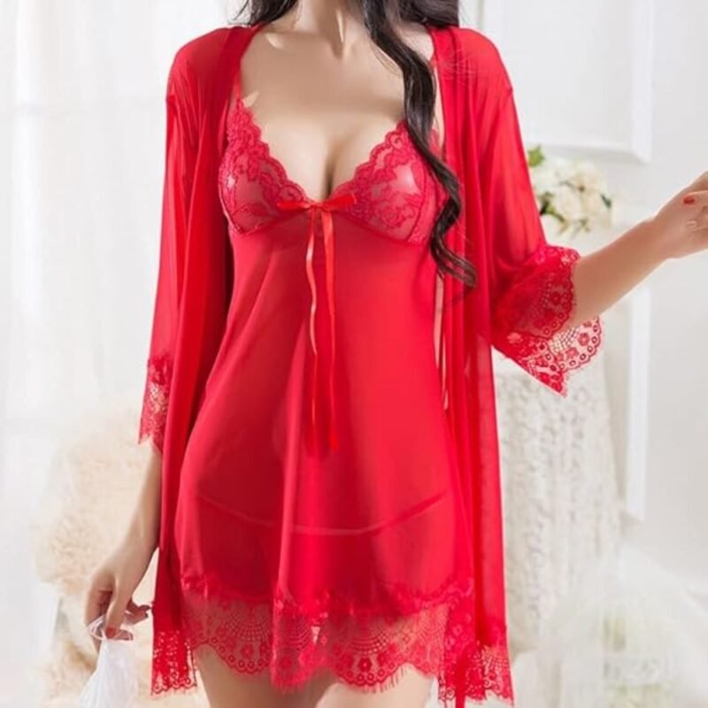 Red 3 piece lingerie set with sheer lace robe, babydoll cami inner and matching panty