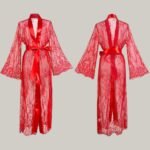 Red lace nighty for women sheer long sleeve kimono robe front and back studio view