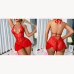 Model wearing a red lace halter bodysuit in front and rear views, showing ruffled hips, an open back and a neck bow