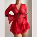 Sexy red dress with sheer mesh, ruffle bell sleeves and black tie details
