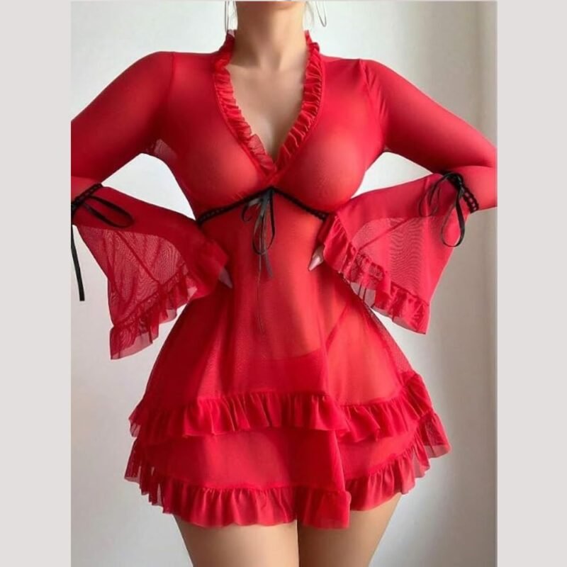 Sexy red dress for women with sheer mesh, long ruffle sleeves and black ribbon details
