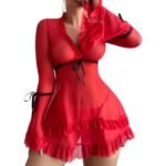 Sexy red dress for women with sheer mesh, long ruffle sleeves and black tie details