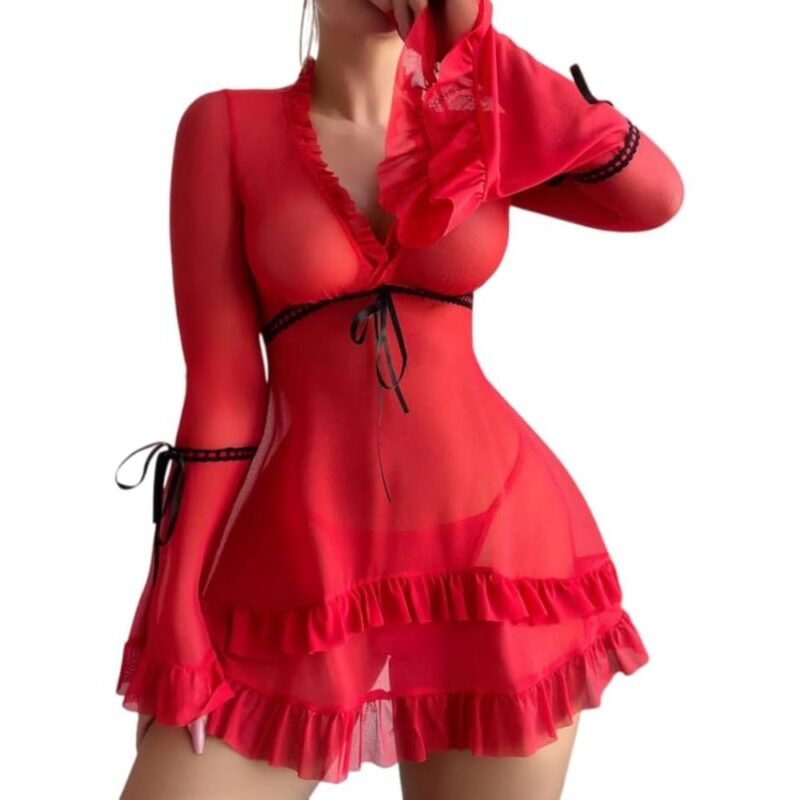 Sexy red dress for women with sheer mesh, long ruffle sleeves and black tie details