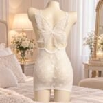 White heart body stocking on mannequin showing large sheer wing detail and open back