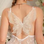 White heart mesh mini dress with sheer decorative wing back close-up