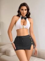 Black and white pinstripe roleplay lingerie set front view with bow tie and short skirt