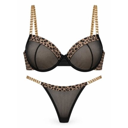 Leopard print bra panty set in black semi-sheer mesh