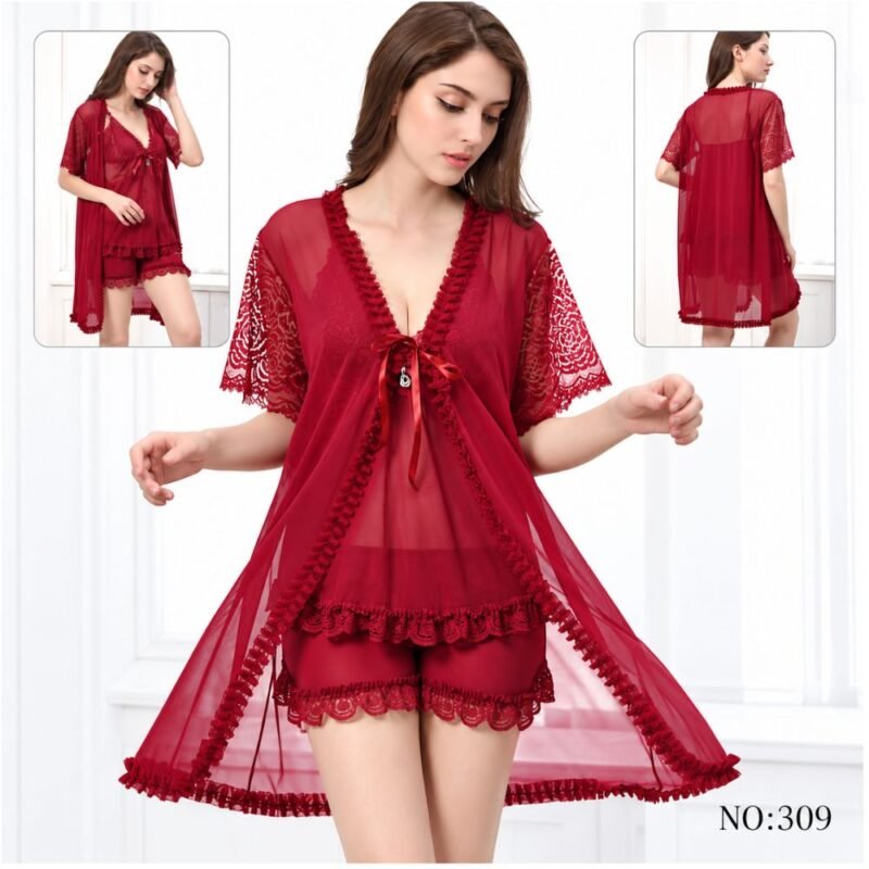 Maroon 3 piece nighty set with sheer lace robe and matching shorts