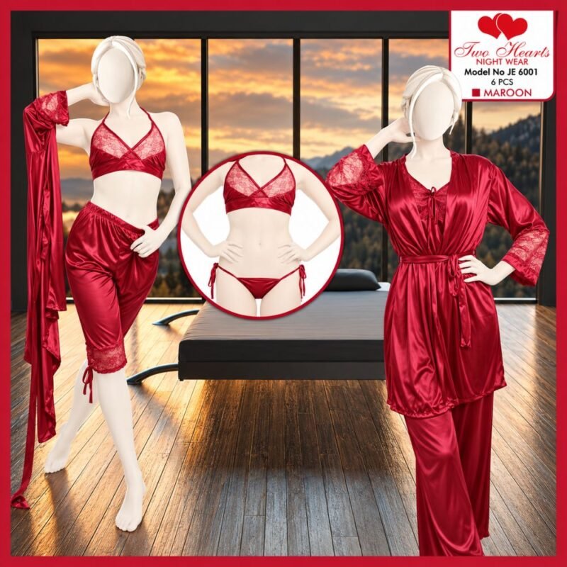 Maroon 6 piece silk night suit with robe bra panty and pajama pieces