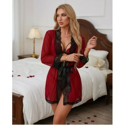 Maroon lace robe with black trim and matching lingerie set