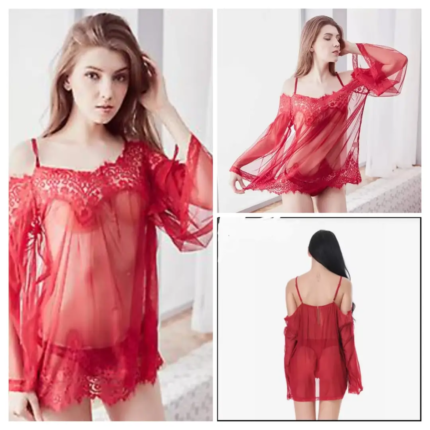 Maroon Sheer Lace Babydoll Nighty – Front & Back View