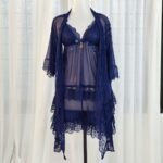 Navy blue 3 piece nighty set with sheer lace robe on mannequin
