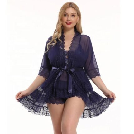 Navy blue 3 piece nighty set with lace robe, inner and shorts