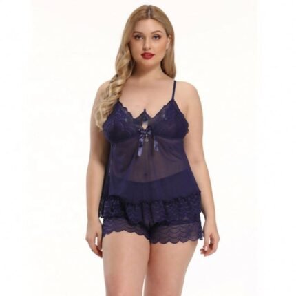 Navy blue babydoll nighty with matching lace shorts