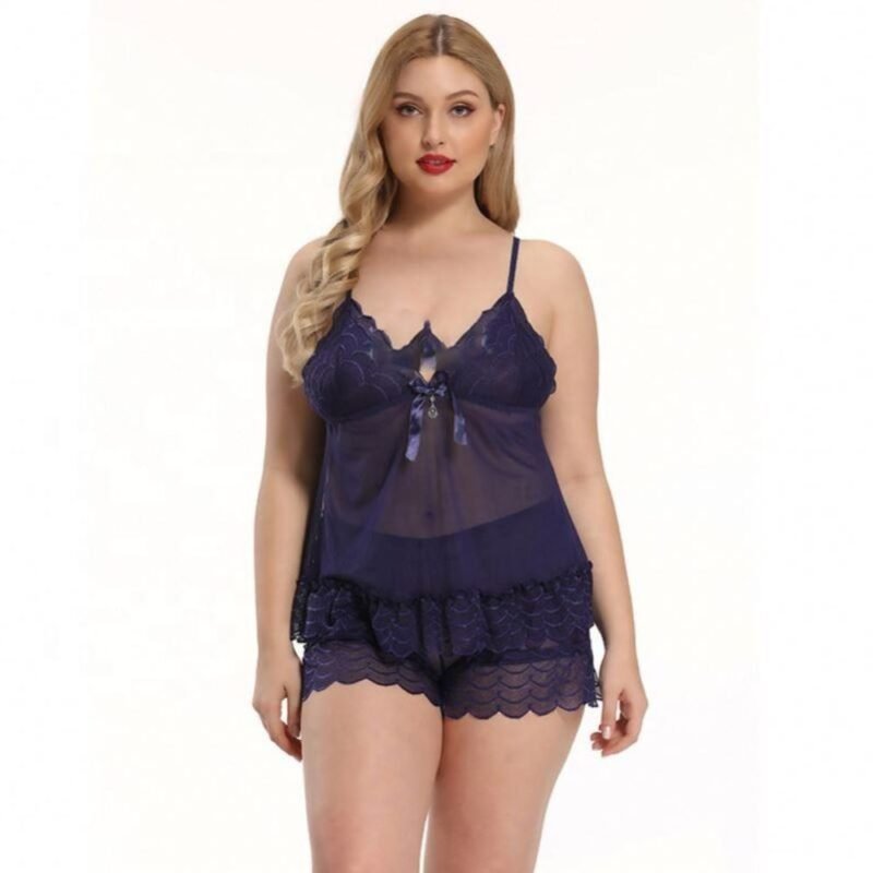 Navy blue babydoll nighty with matching lace shorts