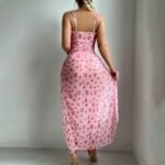 Pink floral maxi nighty back view with adjustable ruffled straps