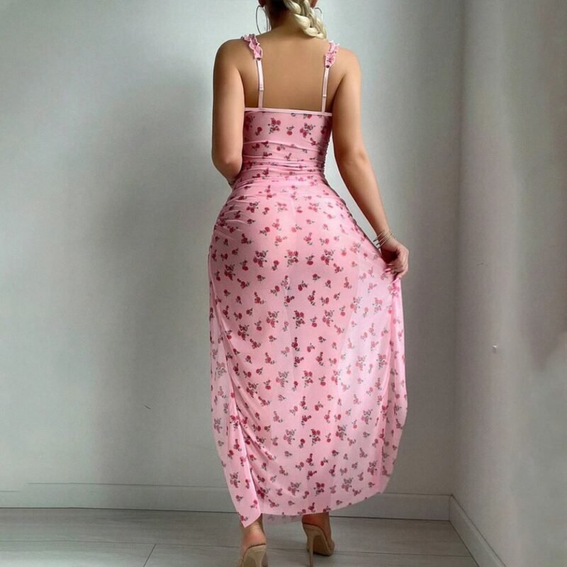 Pink floral maxi nighty back view with adjustable ruffled straps