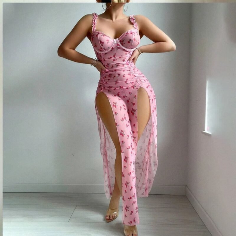 Pink floral maxi nighty with ruffled straps and high double side slits