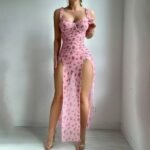 Pink floral maxi nighty full front view with high double side slits