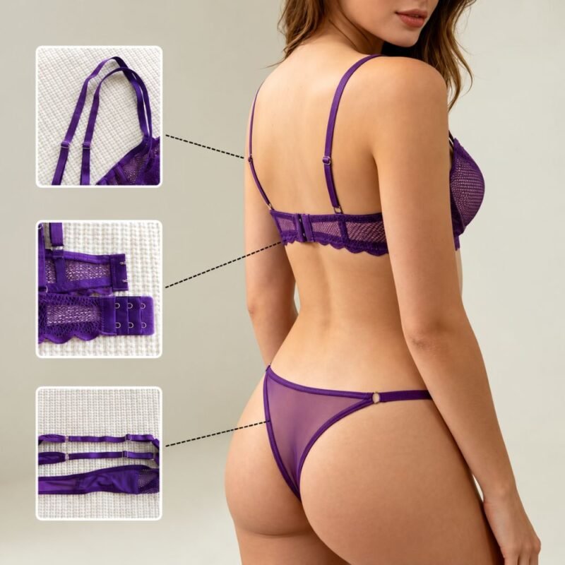Purple bra and panty set back detail view with adjustable straps hook closure and mesh panty for women